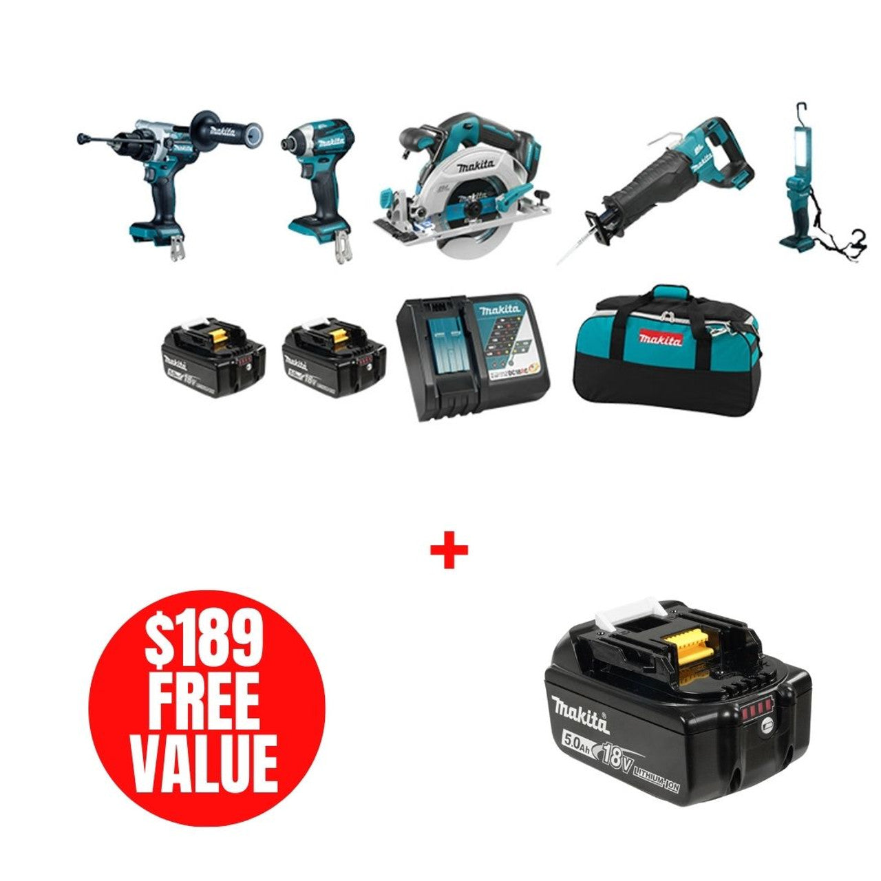 Makita MAK-DLX5083TX1 18V LXT 5-Tool 2x 5.0Ah Combo Kit