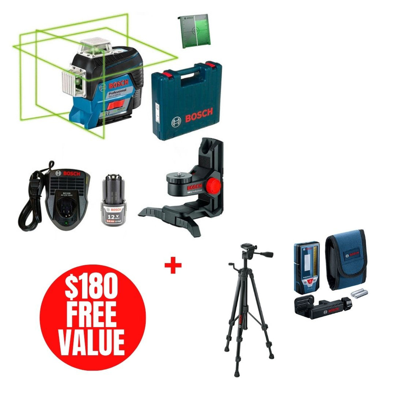 Bosch BOS-GLL3-330CG 360 Degree Connected Green-Beam Three-Plane Leveling Kit (Charger + Battery + Case)