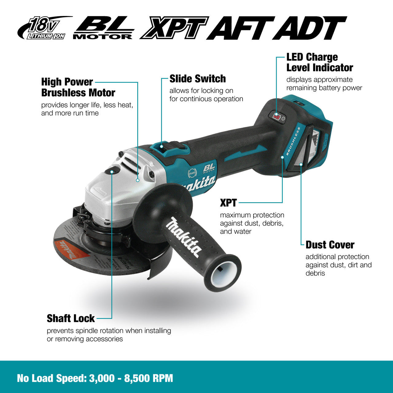 Makita MAK-DGA513RTX1 18V LXT 5in Angle Grinder with Slide Switch 5.0 Ah Kit