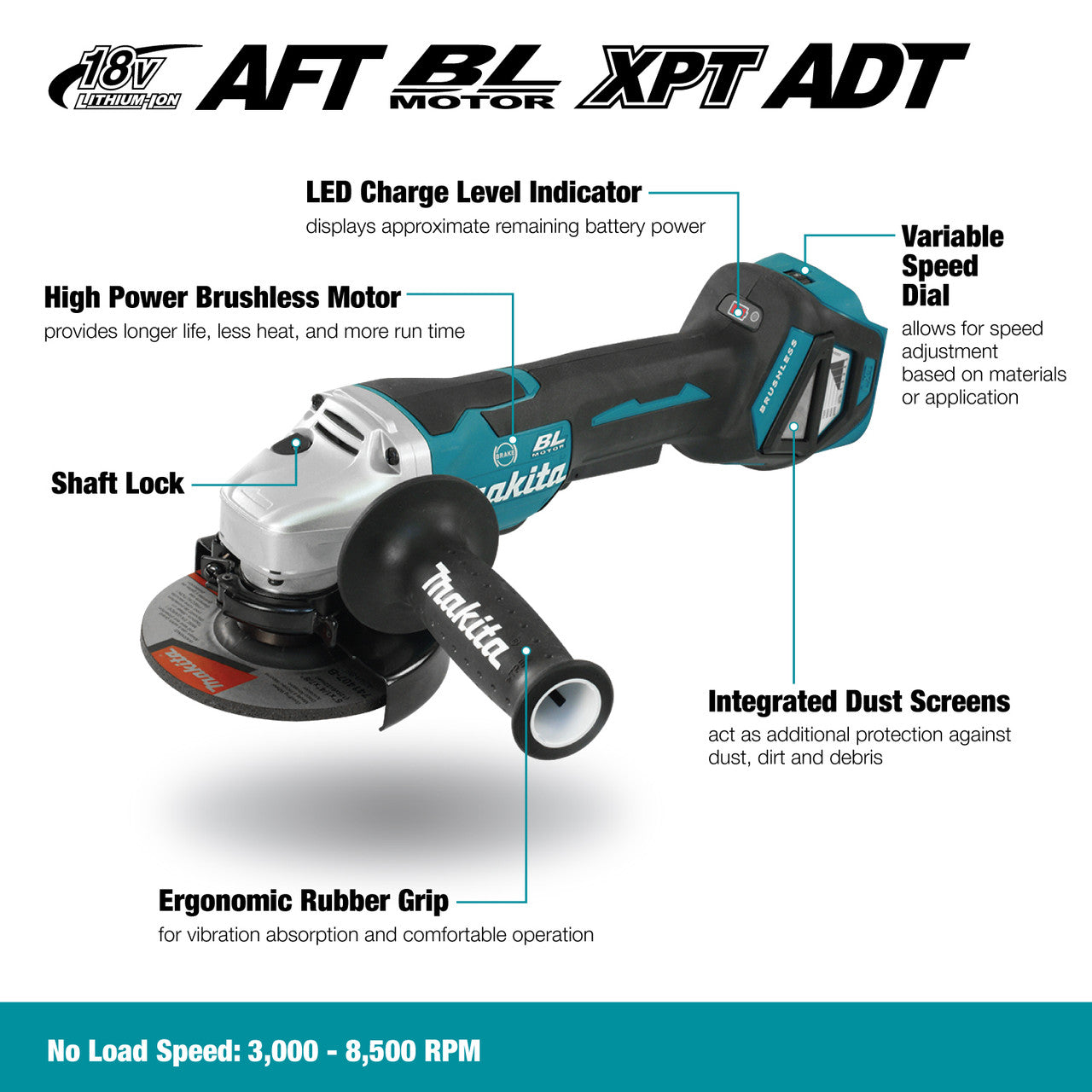 Makita MAK-DGA517RTX1 18V LXT 5in Angle Grinder with Paddle Switch 5.0 Ah Kit