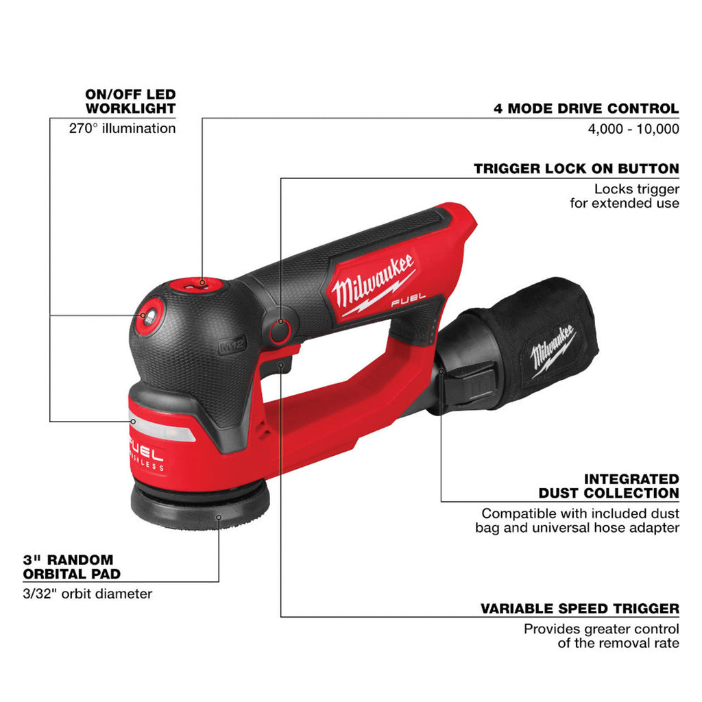Milwaukee MIL-2535-20 M12 FUEL 3in Random Orbital Detail Sander (Bare Tool)