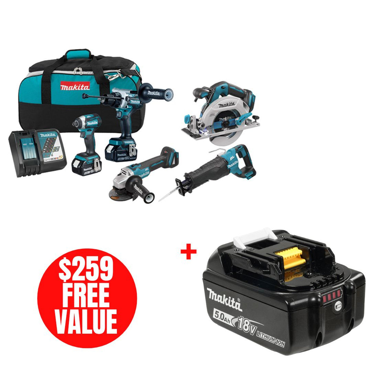 Makita MAK-DLX5077TX1 18V LXT 5-Tool 2x 5.0Ah Combo Kit