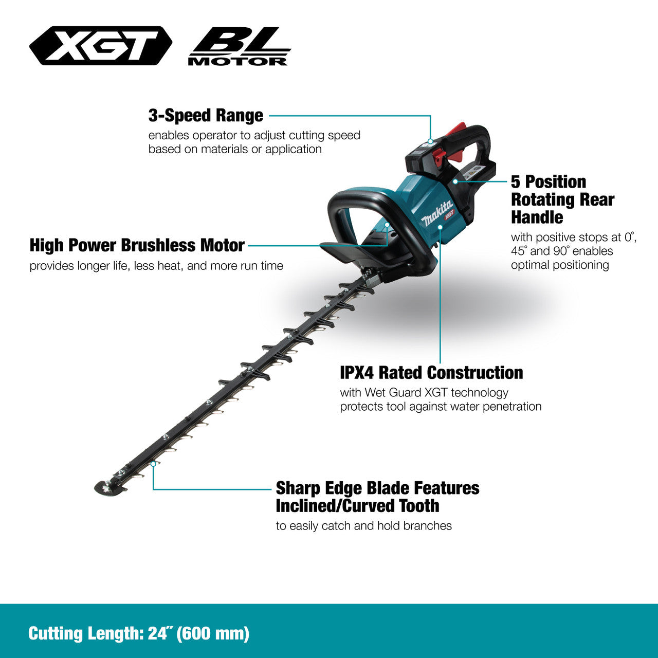 Makita MAK-UH006GZ 40V MAX XGT 24in Hedge Trimmer with Sharp Edge Blade