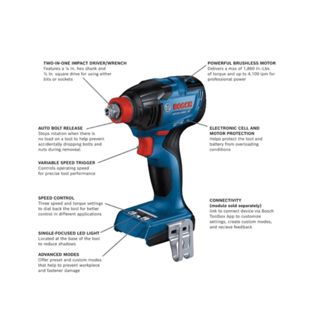 Bosch BOS-GDX18V-1860CN 18V Connected-Ready Two-In-One 1/4 in and 1/2 in Bit/Socket Impact Driver/Wrench (Bare Tool)