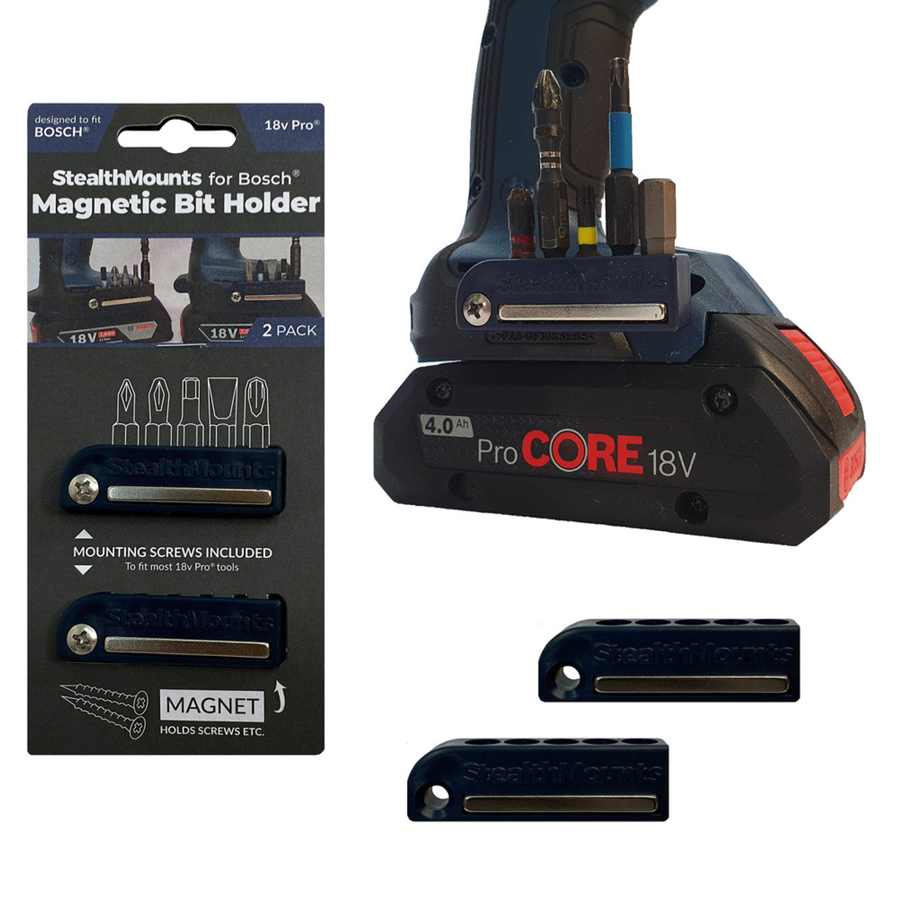 StealthMounts SM-BH-BO-BLU-2 Magnetic Bit Holder for Bosch ProCore & Professional Tools 2Pk
