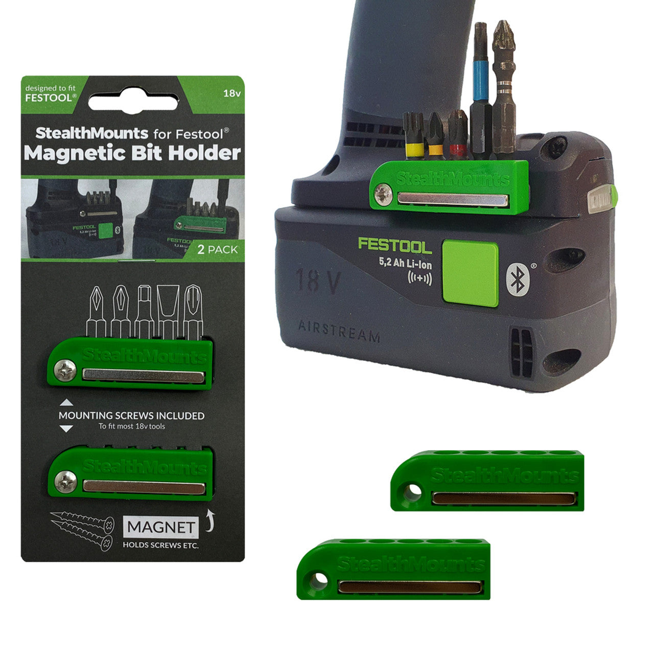 StealthMounts SM-BH-FT-GRN-2 Magnetic Bit Holder for Festool 18v Tools Green 2-Pack