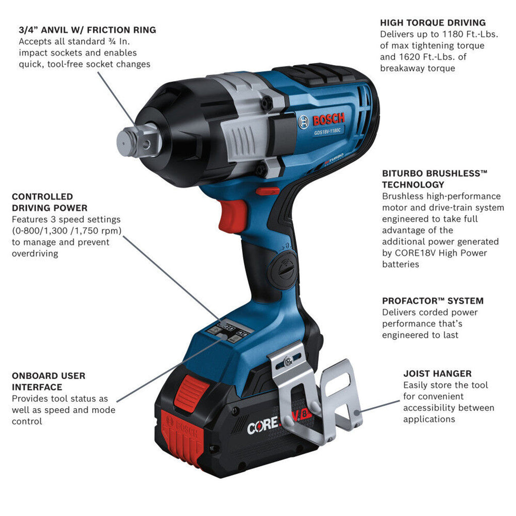 Bosch BOS-GDS18V-1180CB28 18V PROFACTOR Brushless 3/4in High Torque Impact Wrench Kit with (2) 8.0Ah Batteries