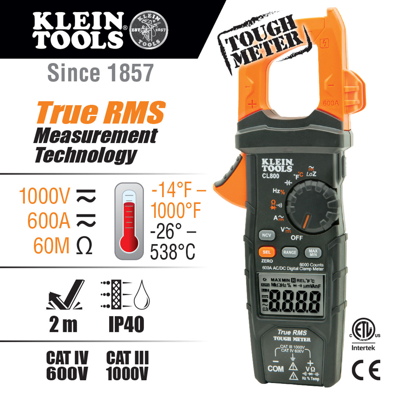Klein KLE-CL800 Digital Clamp Meter AC Auto-Range TRMS Low Impedance (LoZ) Auto Off
