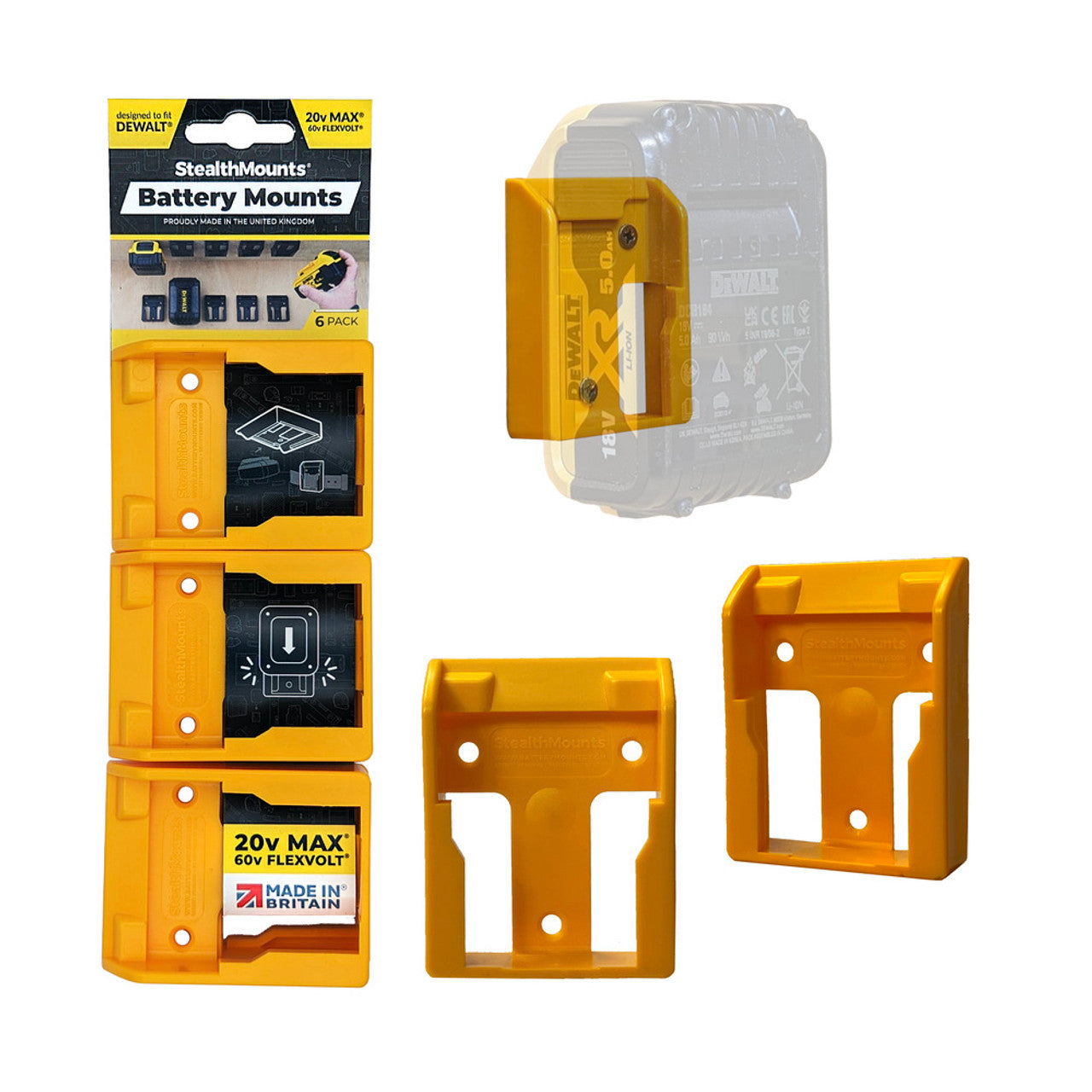StealthMounts SM-BM-DW20-YLW-6 Battery Mounts for DeWalt 20V Yellow 6Pk