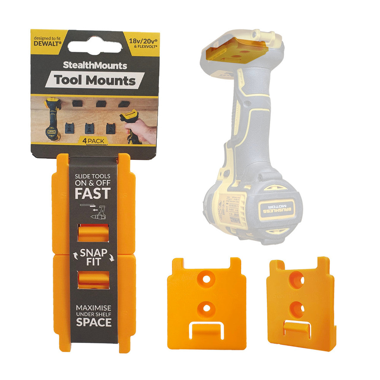 StealthMounts SM-TM-DW18-YLW-4 Tool Mounts for Dewalt 18v/20v & Flexvolt Yellow 4-Pack
