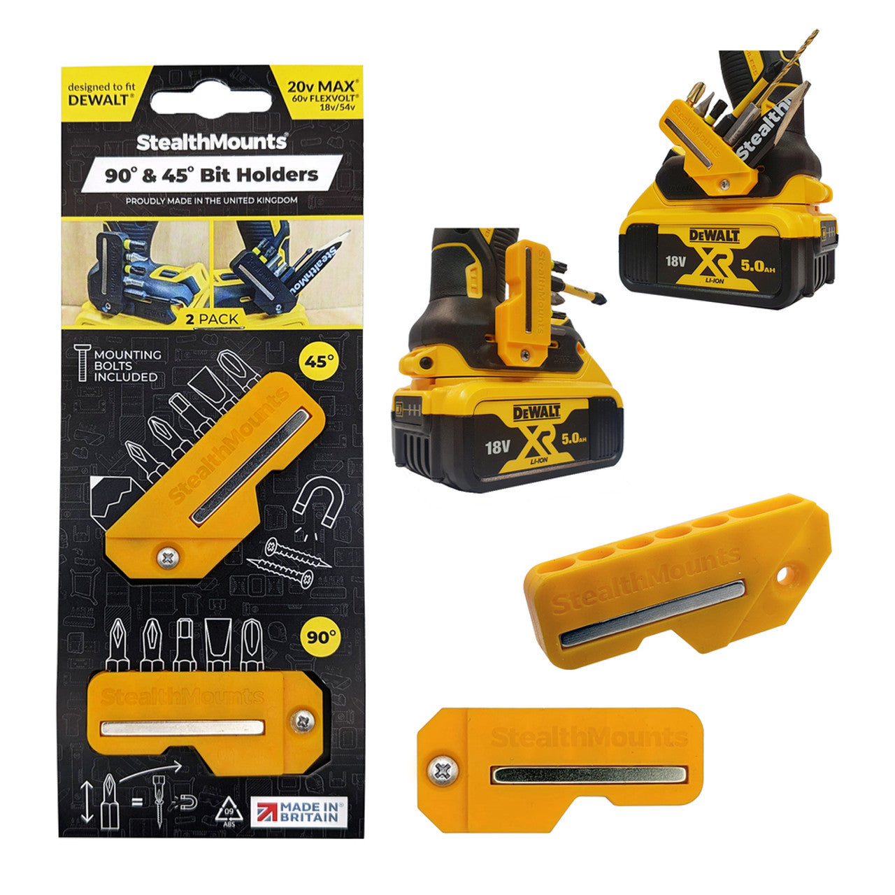 StealthMounts SM-BH-DW-4590-YLW 45° & 90° Magnetic Bit Holder for Dewalt XR & Flexvolt Tools Yellow 2-Pack