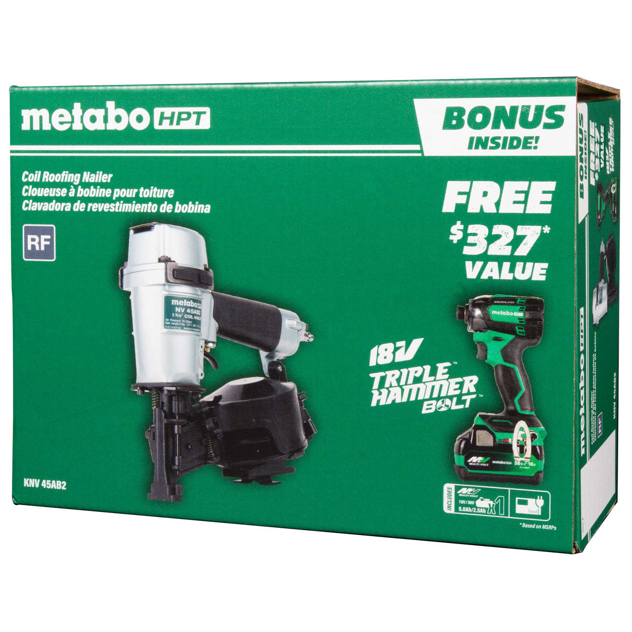Metabo-HPT HPT-KNV45AB2M Pro Bundle 1-3/4in Coil Roofing Nailer with BONUS Impact Driver 5.0Ah Kit