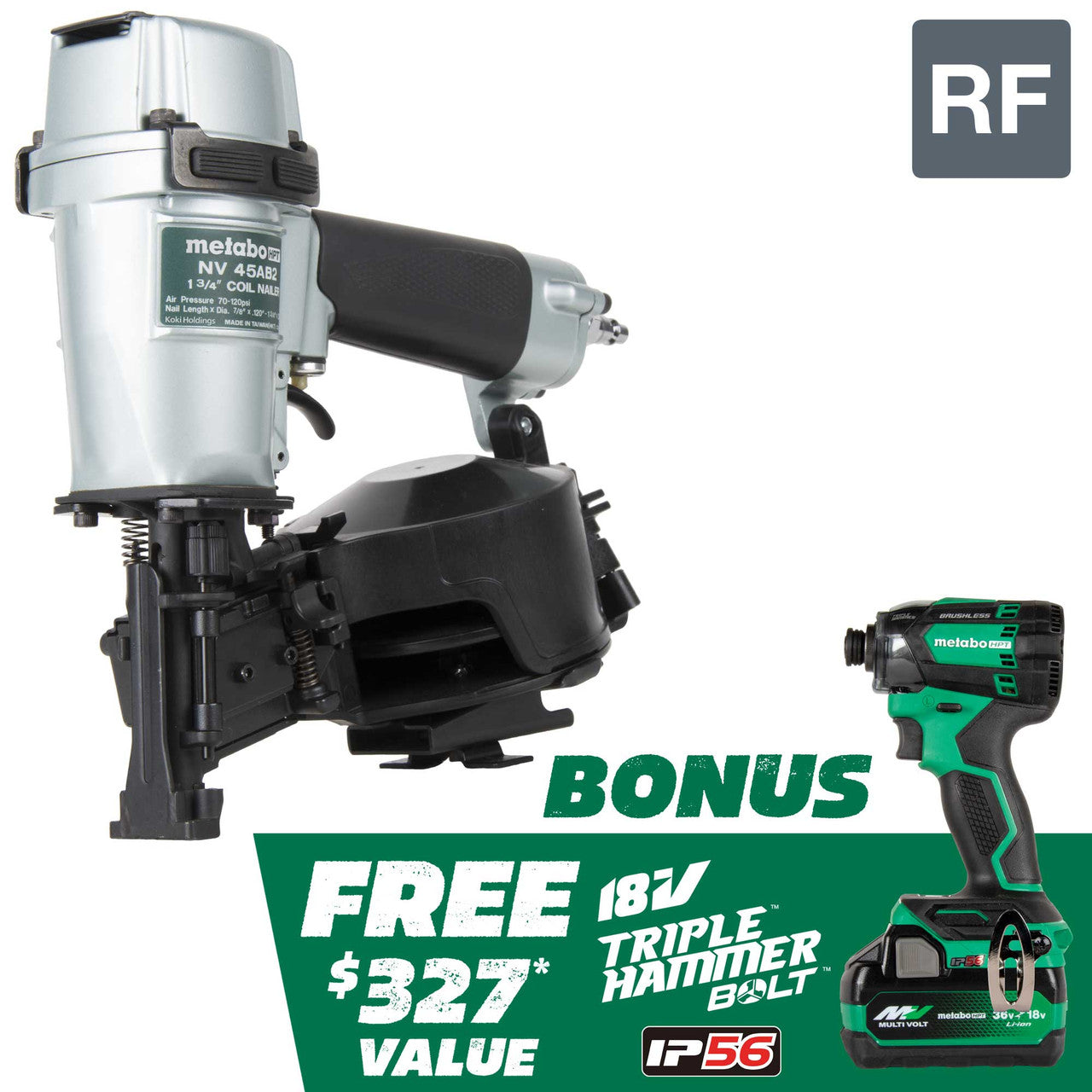 Metabo-HPT HPT-KNV45AB2M Pro Bundle 1-3/4in Coil Roofing Nailer with BONUS Impact Driver 5.0Ah Kit