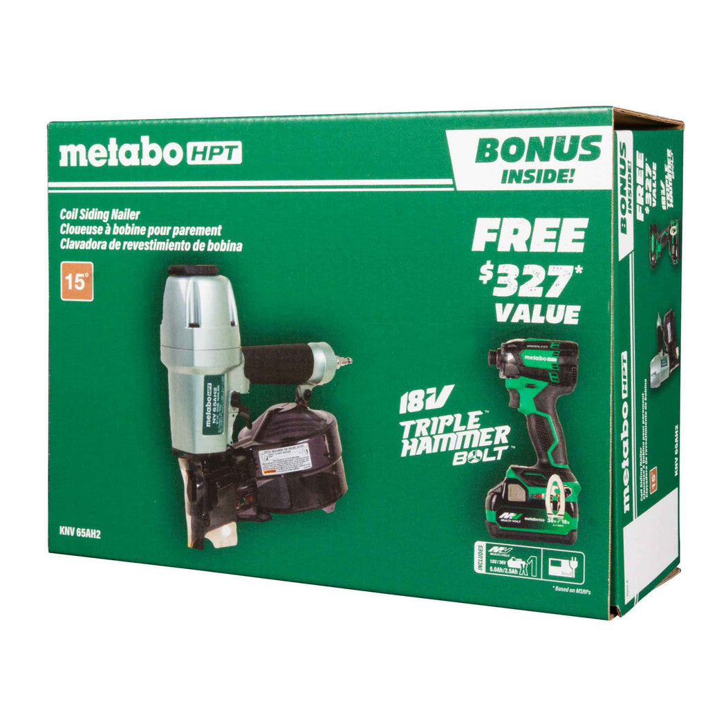 Metabo-HPT HPT-KNV65AH2M Pro Bundle 2-1/2in Coil Siding Nailer with BONUS Impact Driver 5.0Ah Kit