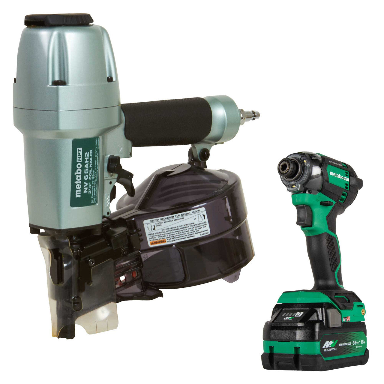Metabo-HPT HPT-KNV65AH2M Pro Bundle 2-1/2in Coil Siding Nailer with BONUS Impact Driver 5.0Ah Kit
