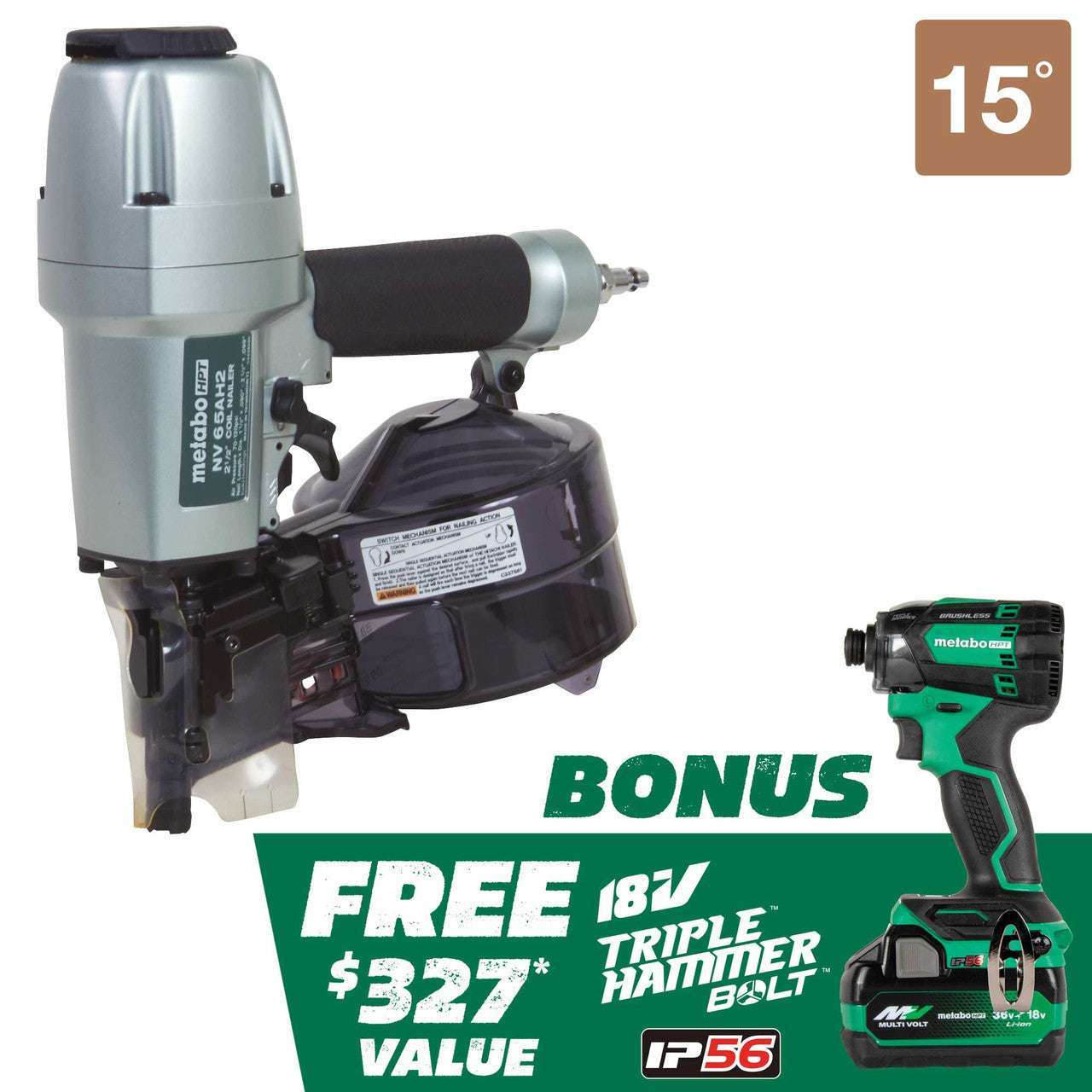 Metabo-HPT HPT-KNV65AH2M Pro Bundle 2-1/2in Coil Siding Nailer with BONUS Impact Driver 5.0Ah Kit