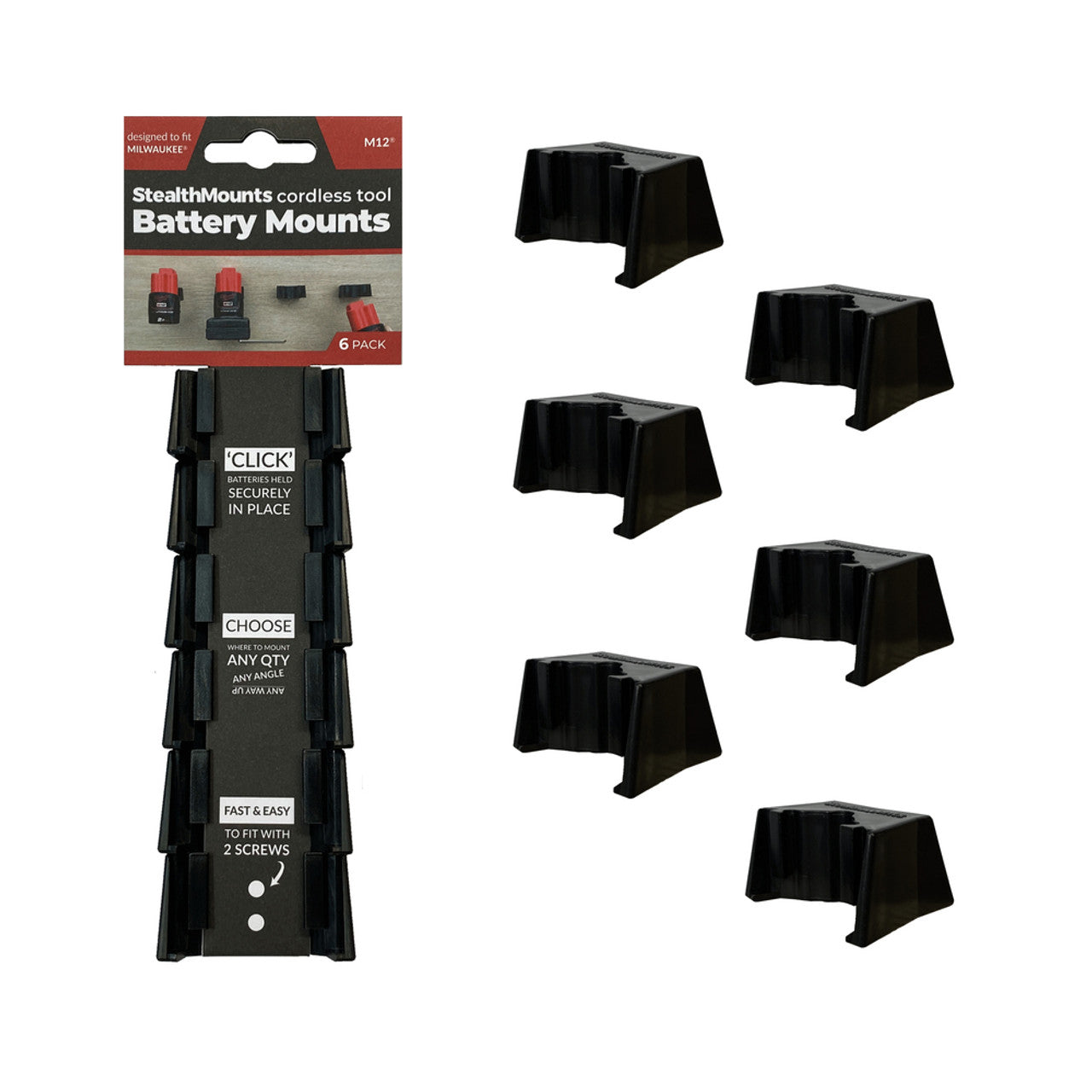 StealthMounts SM-BM-MW12-BLK-6 Battery Mounts for Milwaukee M12 6 Pack