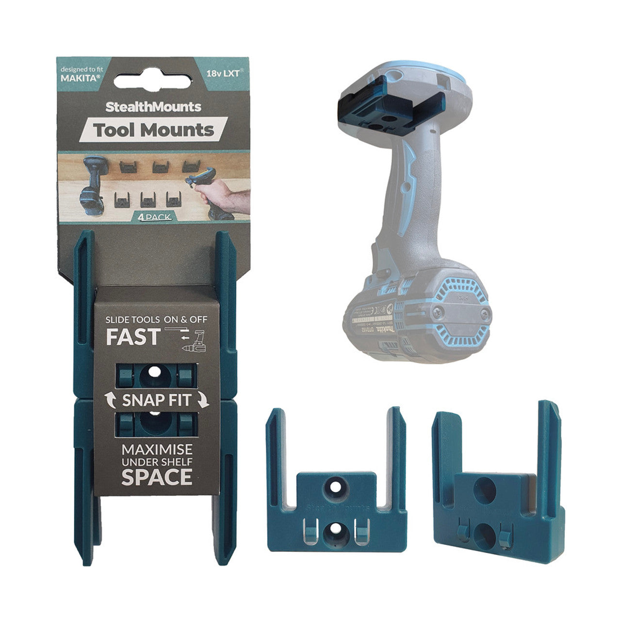 StealthMounts SM-TM-MK18-BLU-4 Tool Mounts for Makita 18v LXT Teal 4Pk