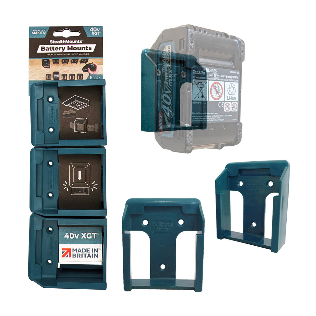 StealthMounts SM-BM-MK40-BLUE-6 Battery Mounts for Makita 40V XGT 4Pk