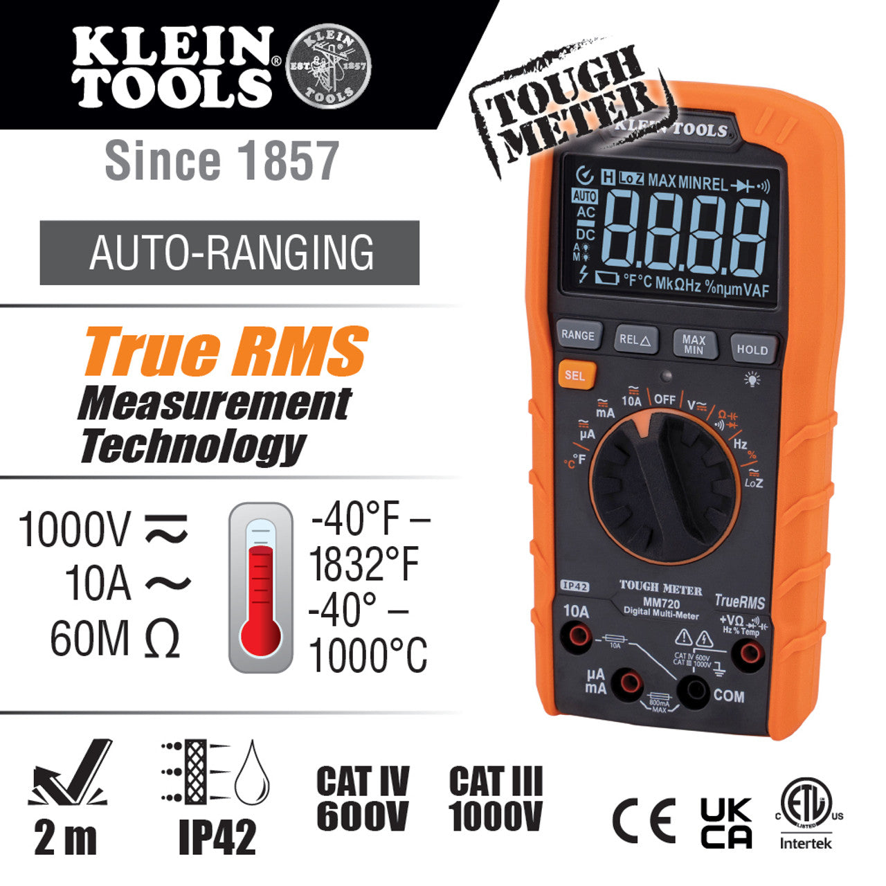 Klein KLE-MM720 Digital Multimeter TRMS Auto-Ranging 1000V Temp Low Impedance