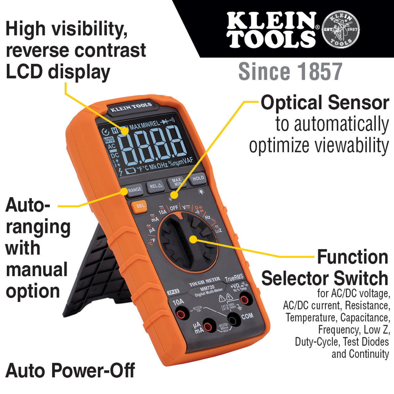 Klein KLE-MM720 Digital Multimeter TRMS Auto-Ranging 1000V Temp Low Impedance