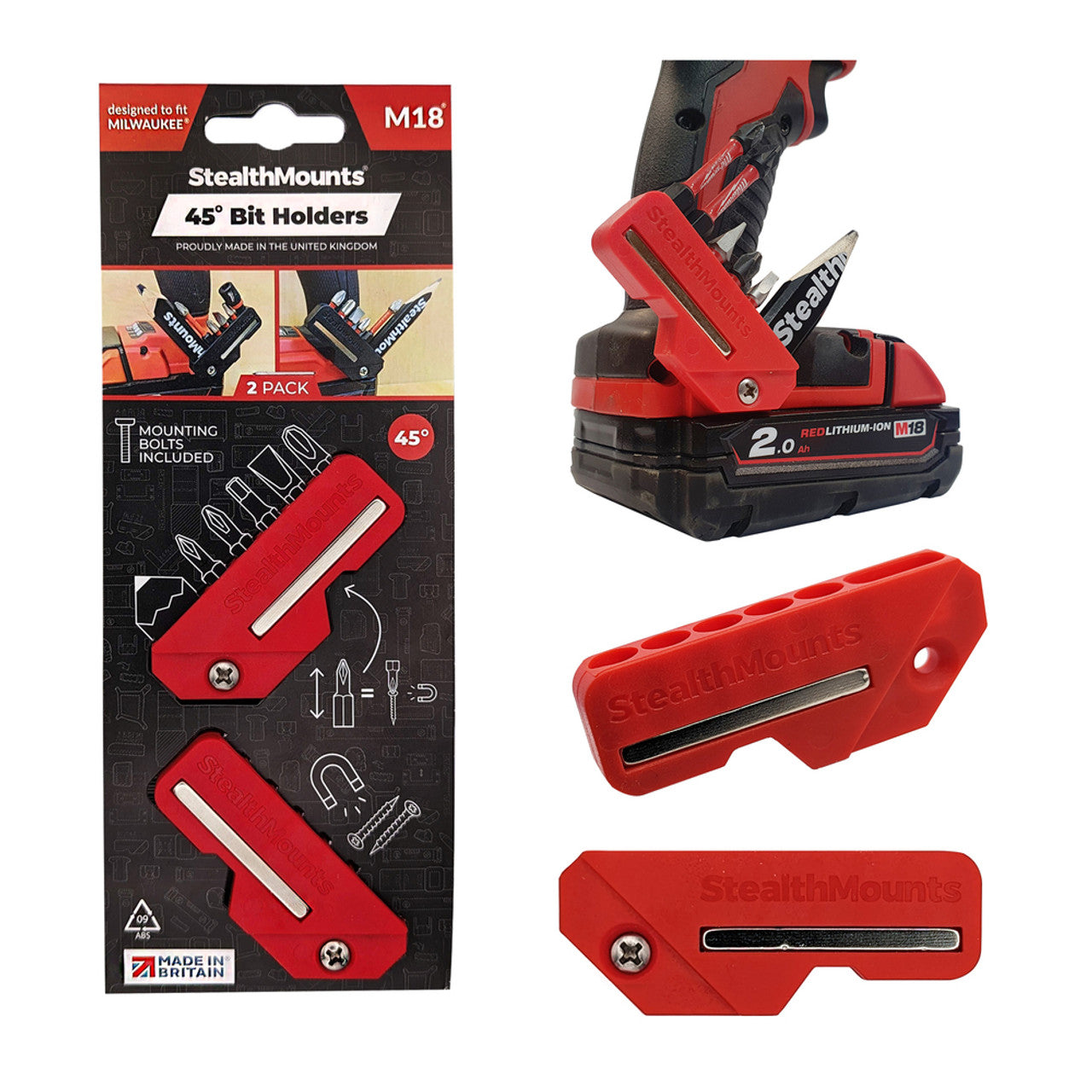 StealthMounts SM-BH-M18-45-RED 45 Degree Magnetic Bit Holder for Milwaukee M18 Tools 2pk