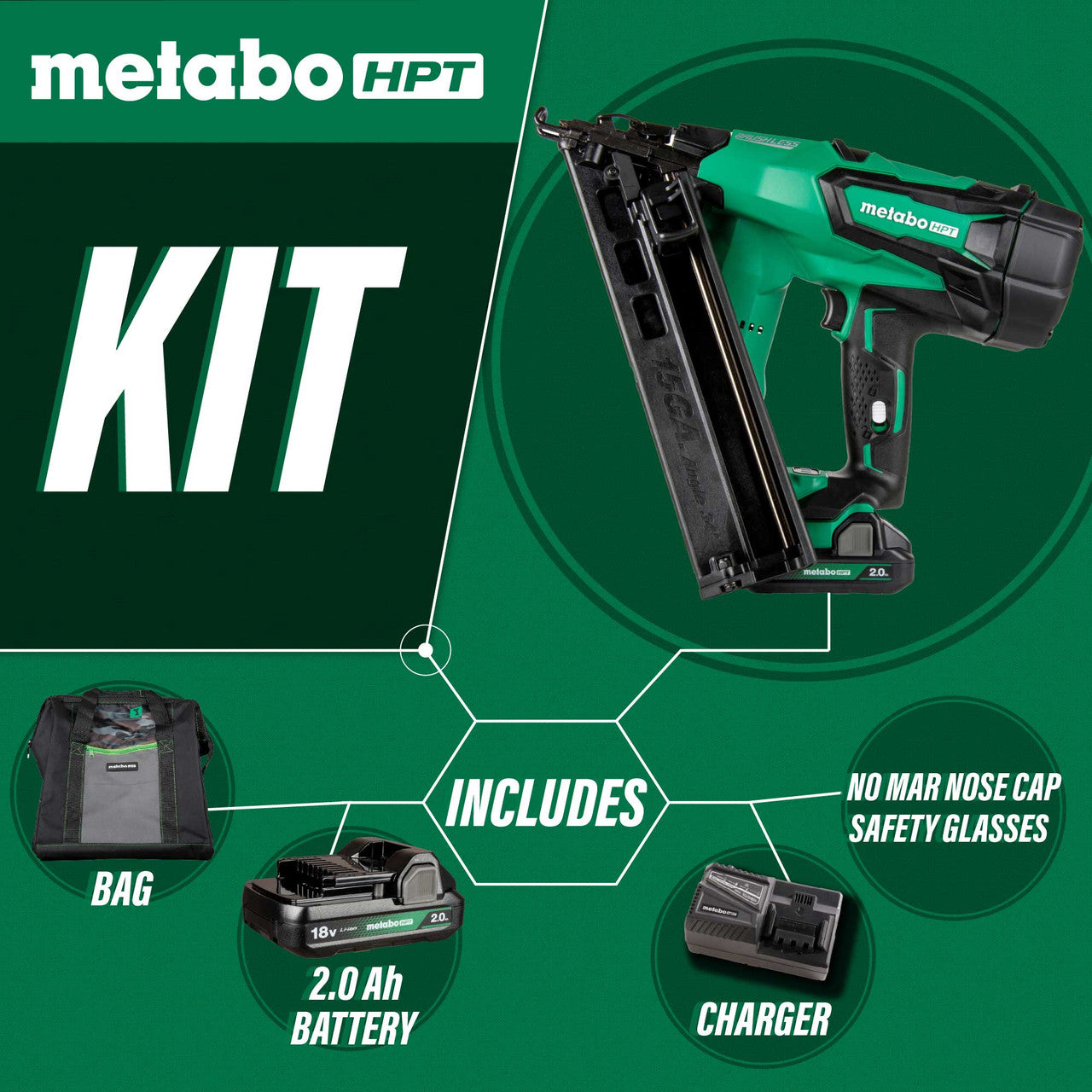 Metabo-HPT HPT-NT1865DMASTM 18v Multivolt Brushless 15-Gauge Angled Finish Nailer 2.0Ah Kit
