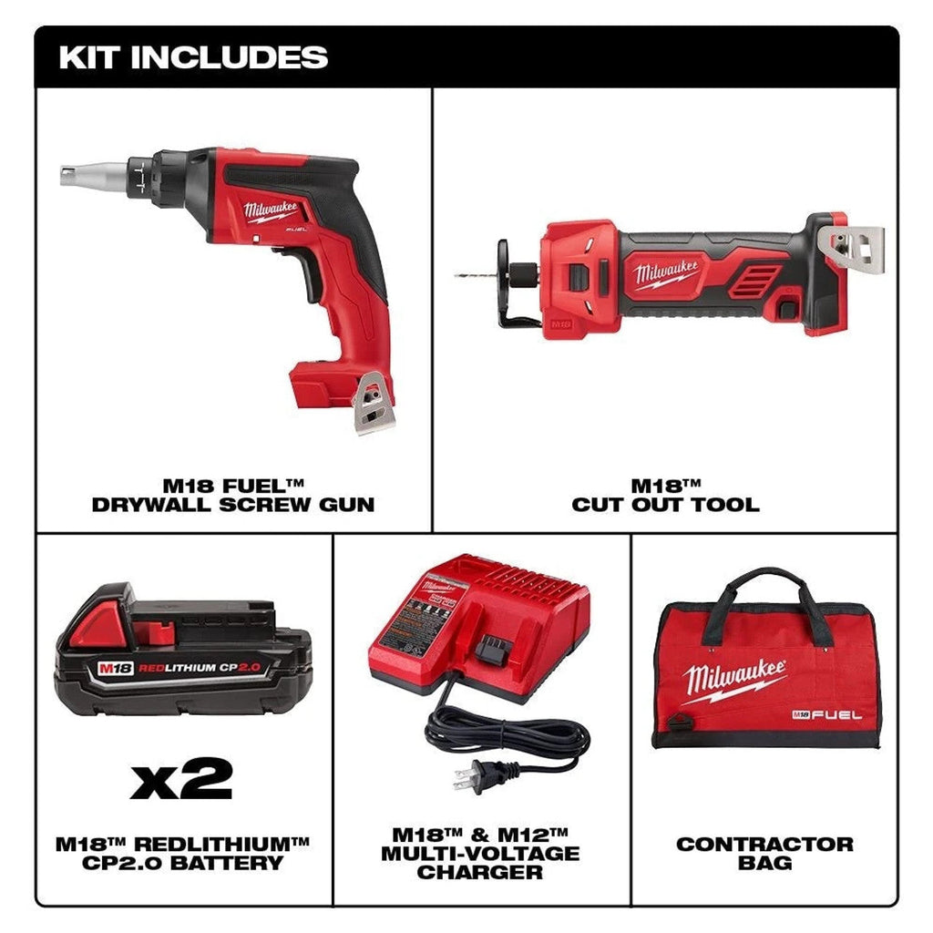 Milwaukee MIL-2866-22CTP M18 FUEL 18-Volt Lithium-Ion Brushless Cordless Drywall Screw Gun Compact Kit with M18 Cutout Tool