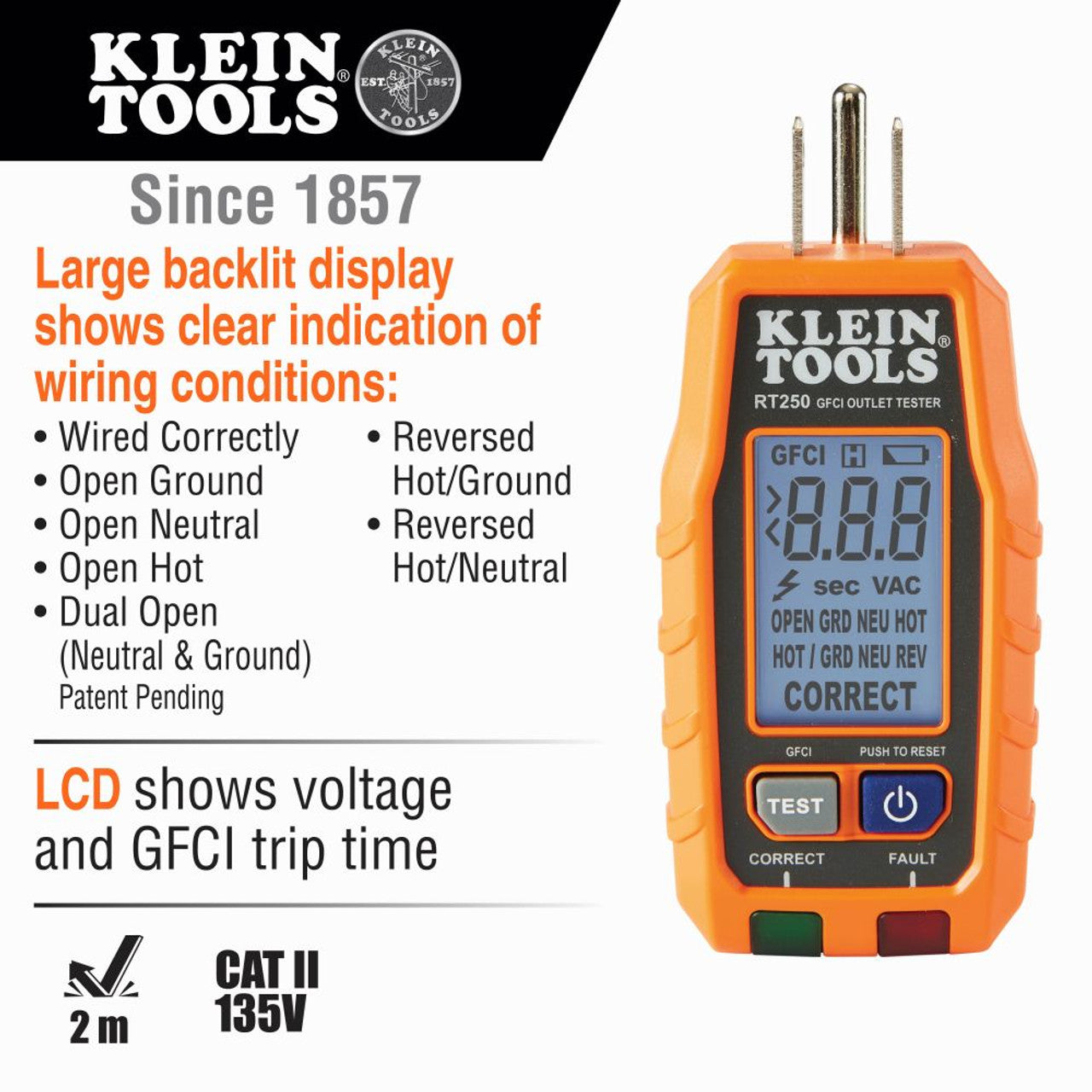 Klein KLE-RT250 GFCI Receptacle Tester with LCD
